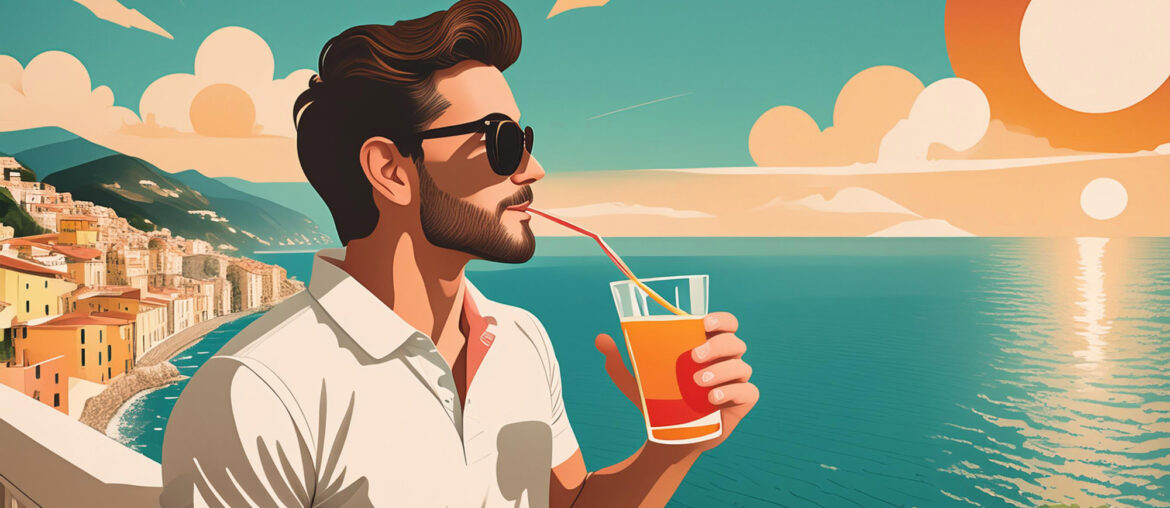 Man wearing sunglasses drinking a cocktail by the sea